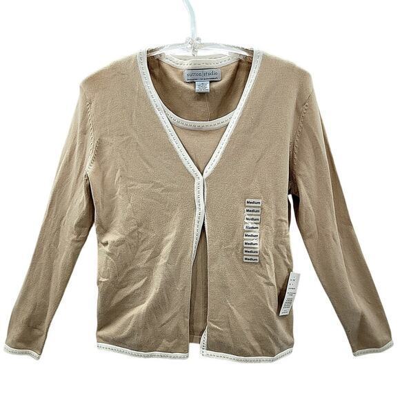 Sutton Studio Beige Knit Snap‎ French Cardigan Tank Sweater Set Jacket - Picture 1 of 16